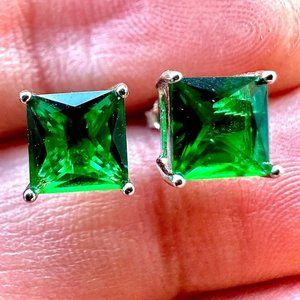 Princess Cut Stud Emerald Earrings 925 Sterling Silver 6MM